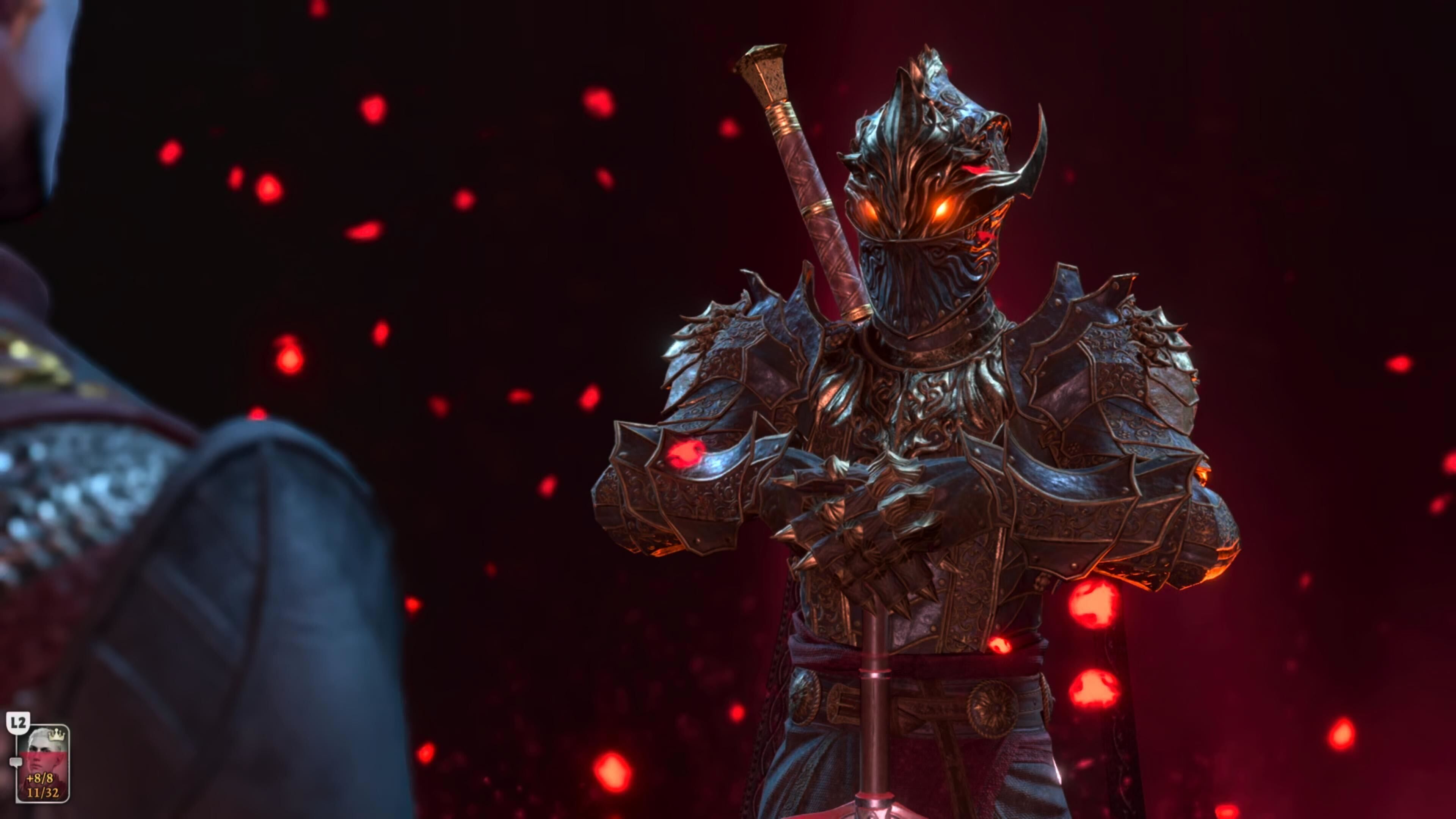 Baldur's Gate 3 Oathbreaker Knight looking at a Paladin who has broken their oath