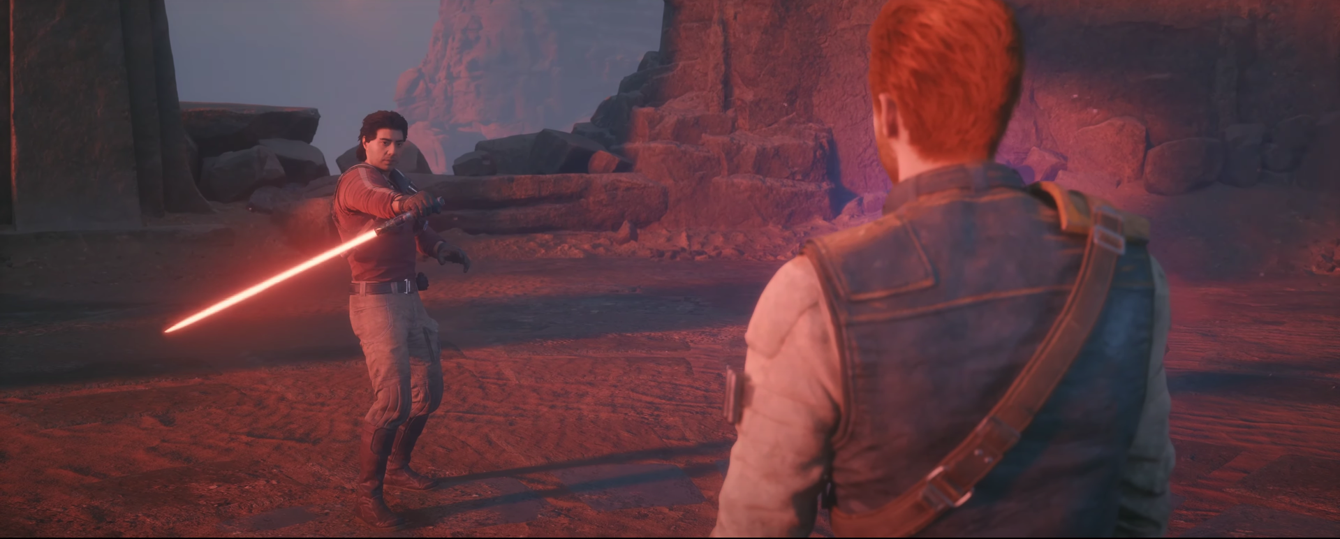 Bode wielding a Lightsaber against Cal in Star Wars Jedi: Survivor.