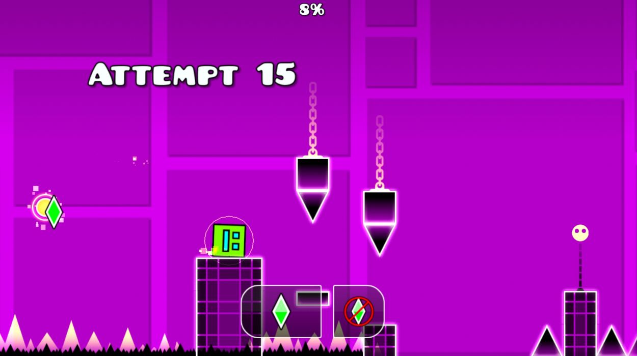 Practice mode while using a checkpoint in Geometry Dash.