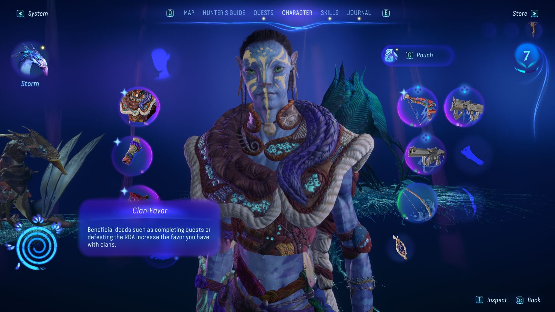 Character menu showing the Clan Favor meter on the left side of the screen Avatar Frontiers of Pandora