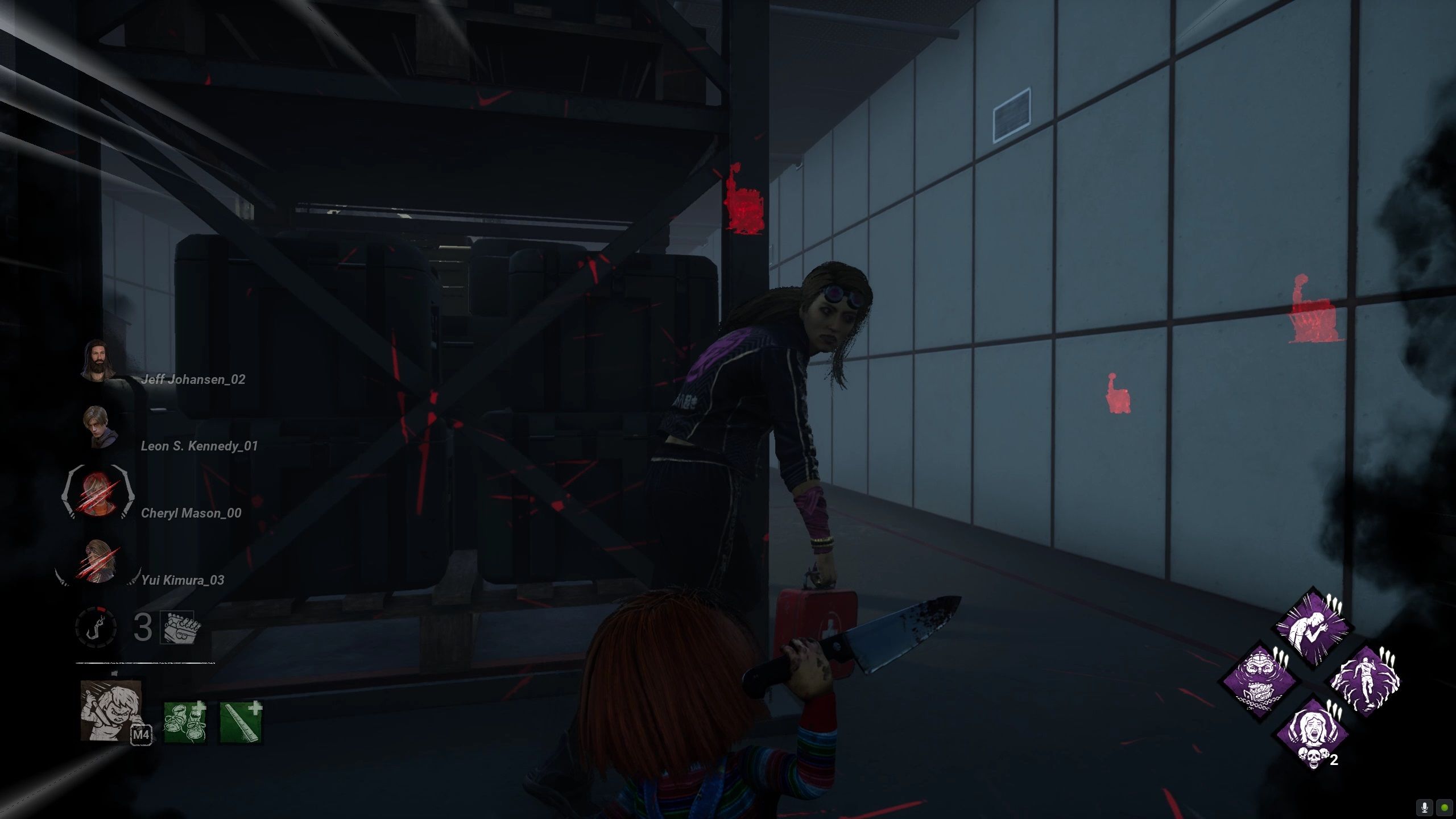 Chucky sprints at Yui, knife held high with his Slice & Dice Power