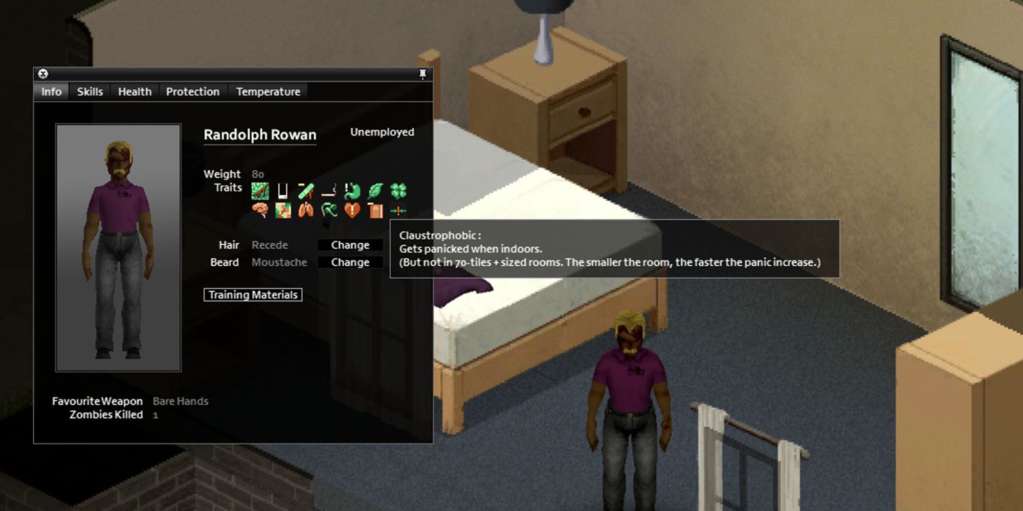 Claustrophobic: Gets panicked while indoors. Doesn't have an effect in rooms larger than 70 tiles.