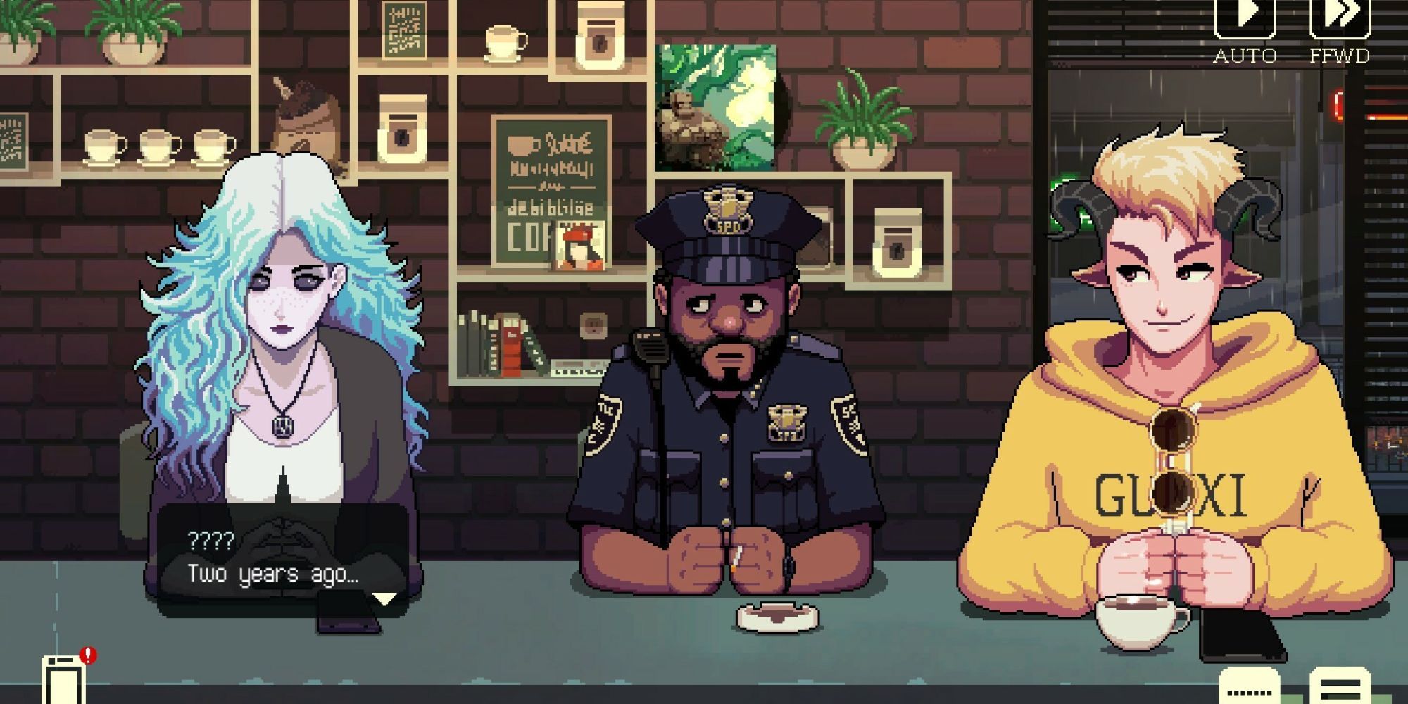 Jorji and Lucas listen to Riona inside the cafe.