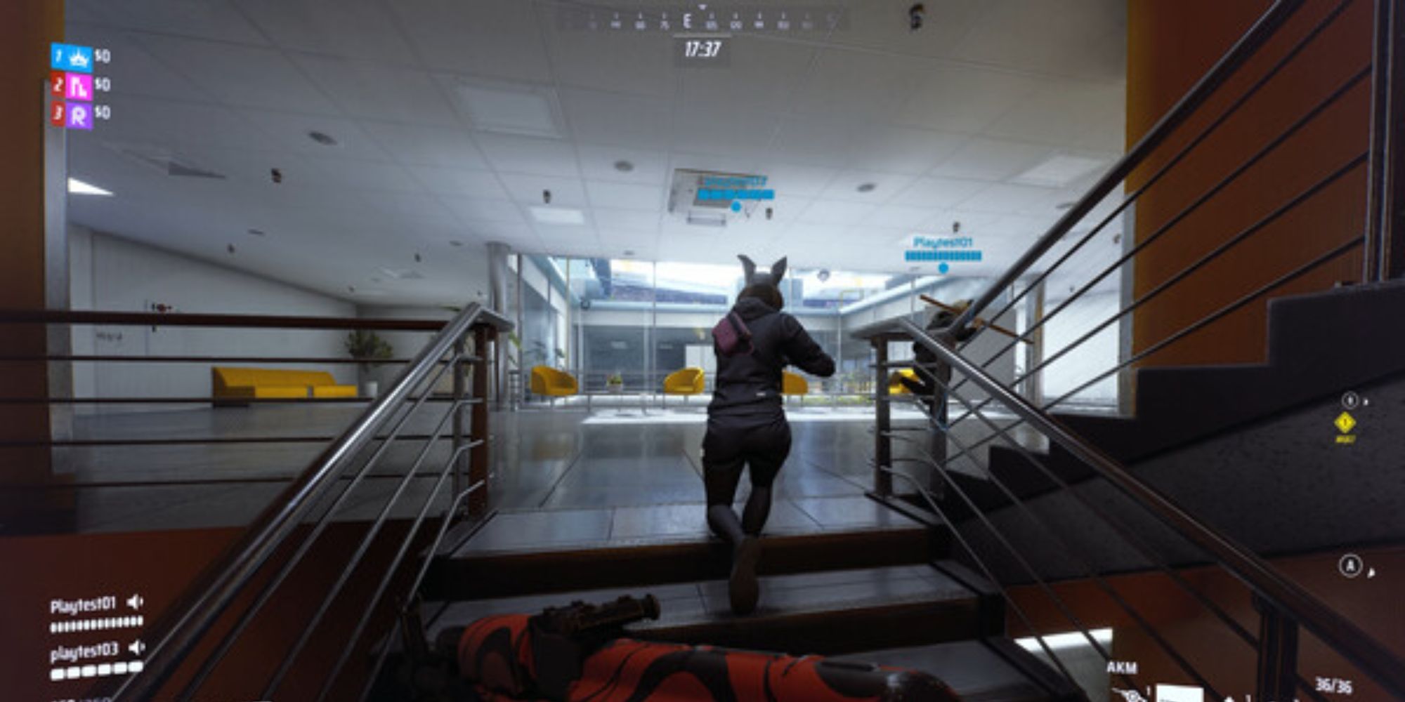 the finals team members running up the stairs together