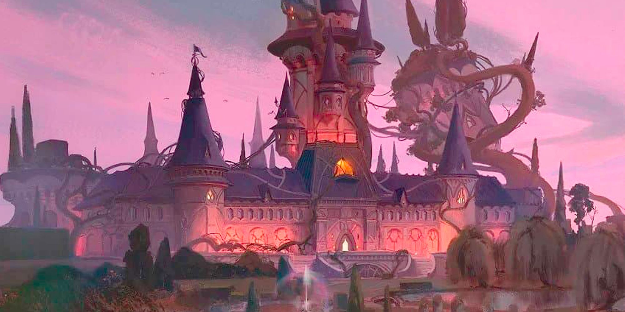 A magnificent palace is covered in thorny vines.