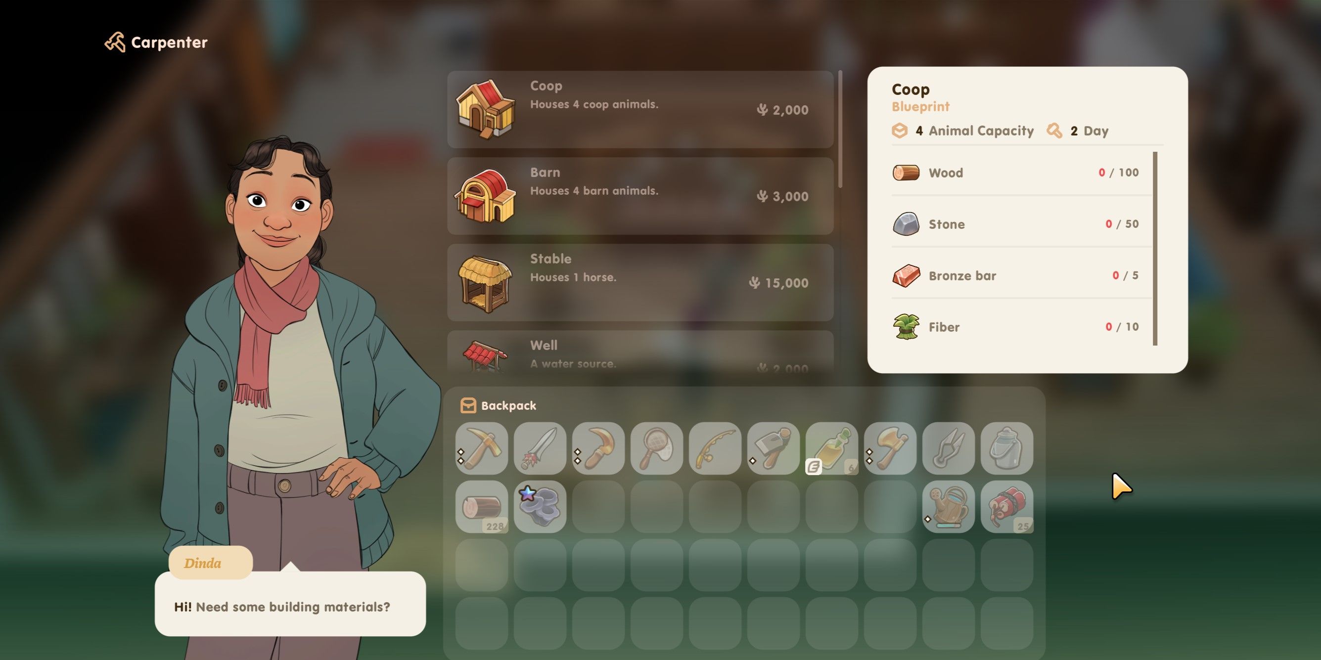Coral Island: An image of Dinda in her shop's Carpenter menu
