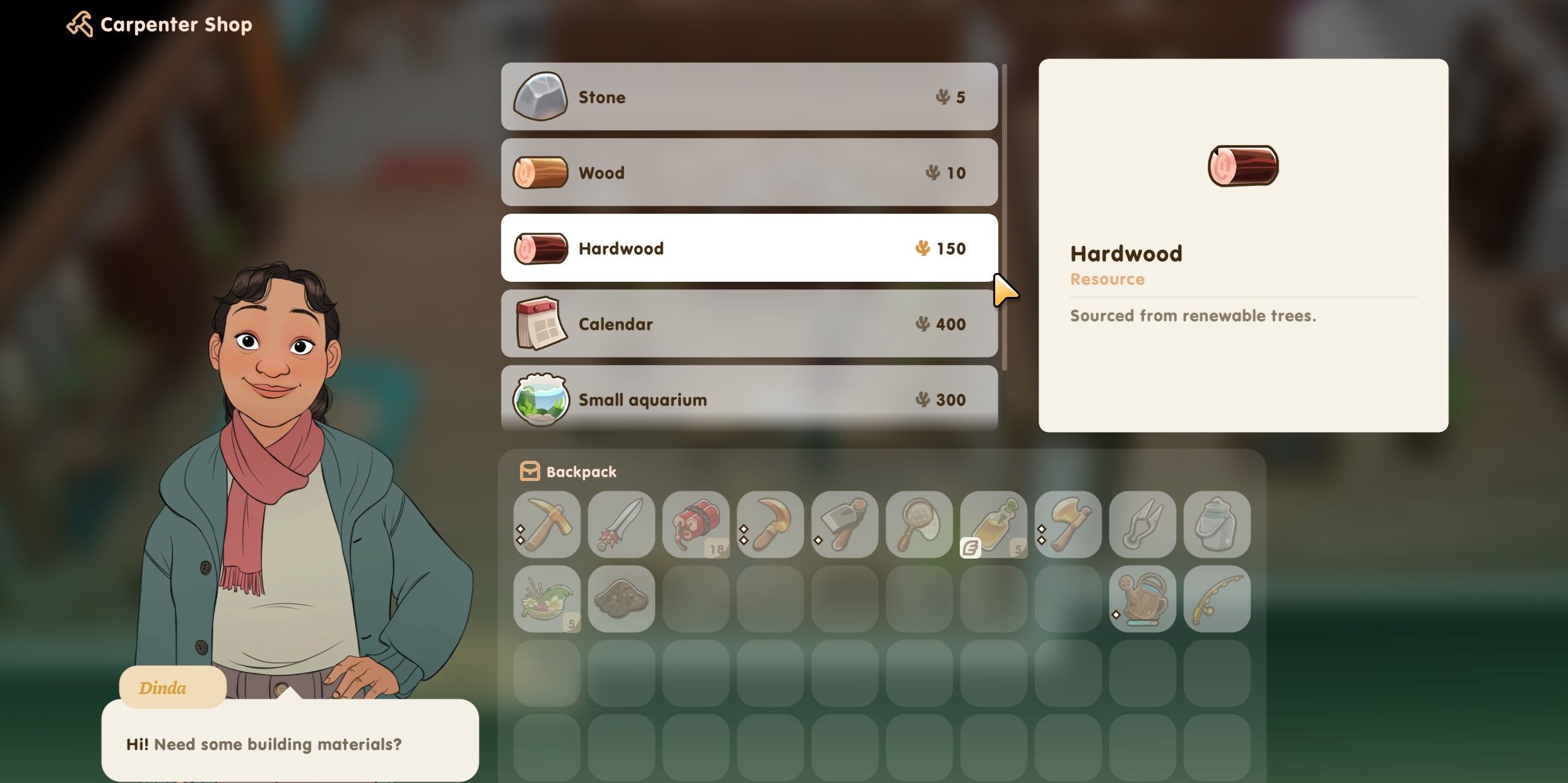 Coral Island: An image of Dinda in the Carpentry Shop Store menu