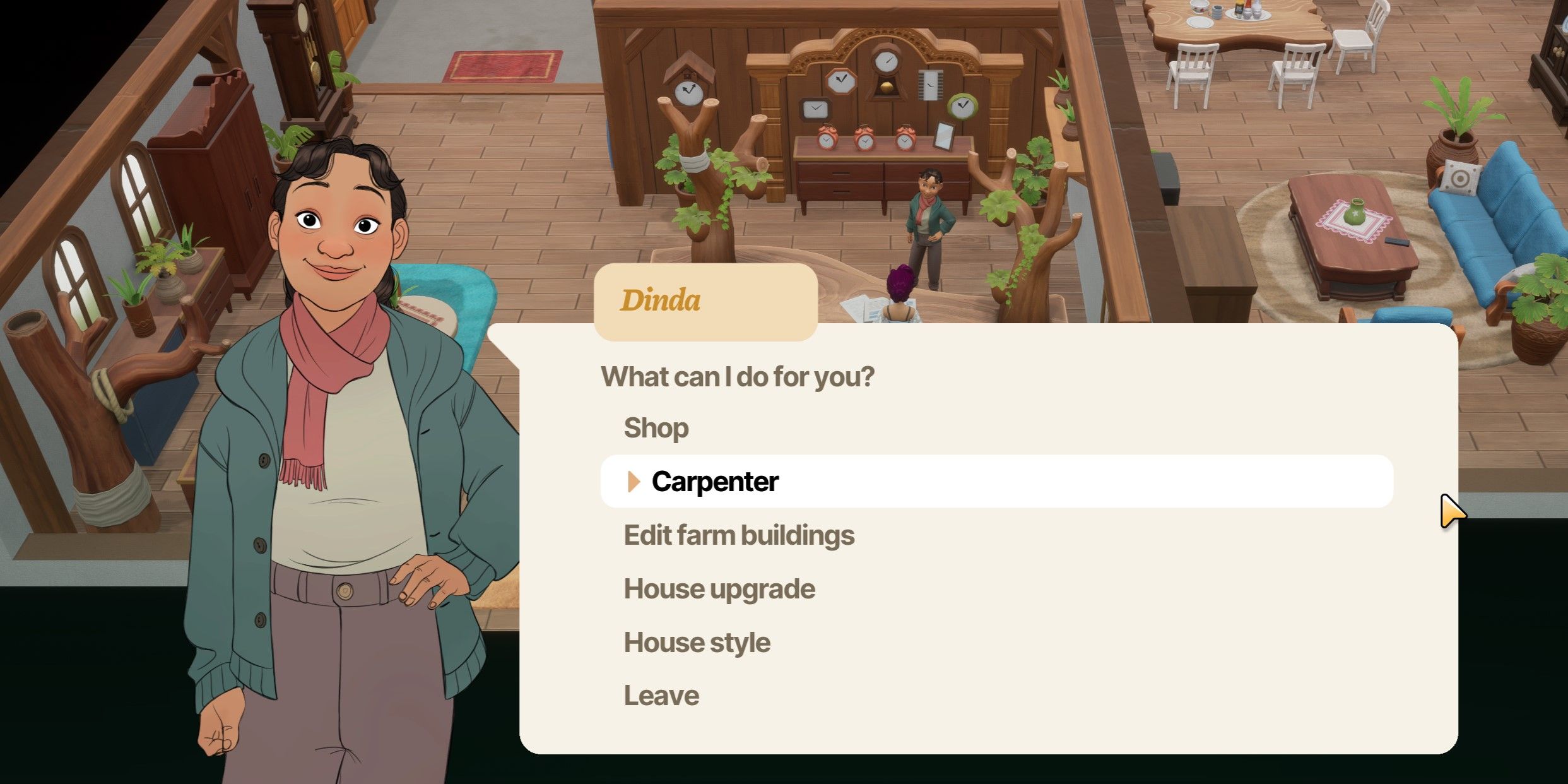 Coral Island: An image of Dinda and the carpentry menu