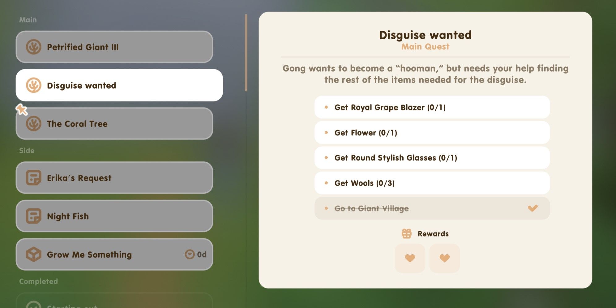 Coral Island: An image of  Gong's item request list in the player journal