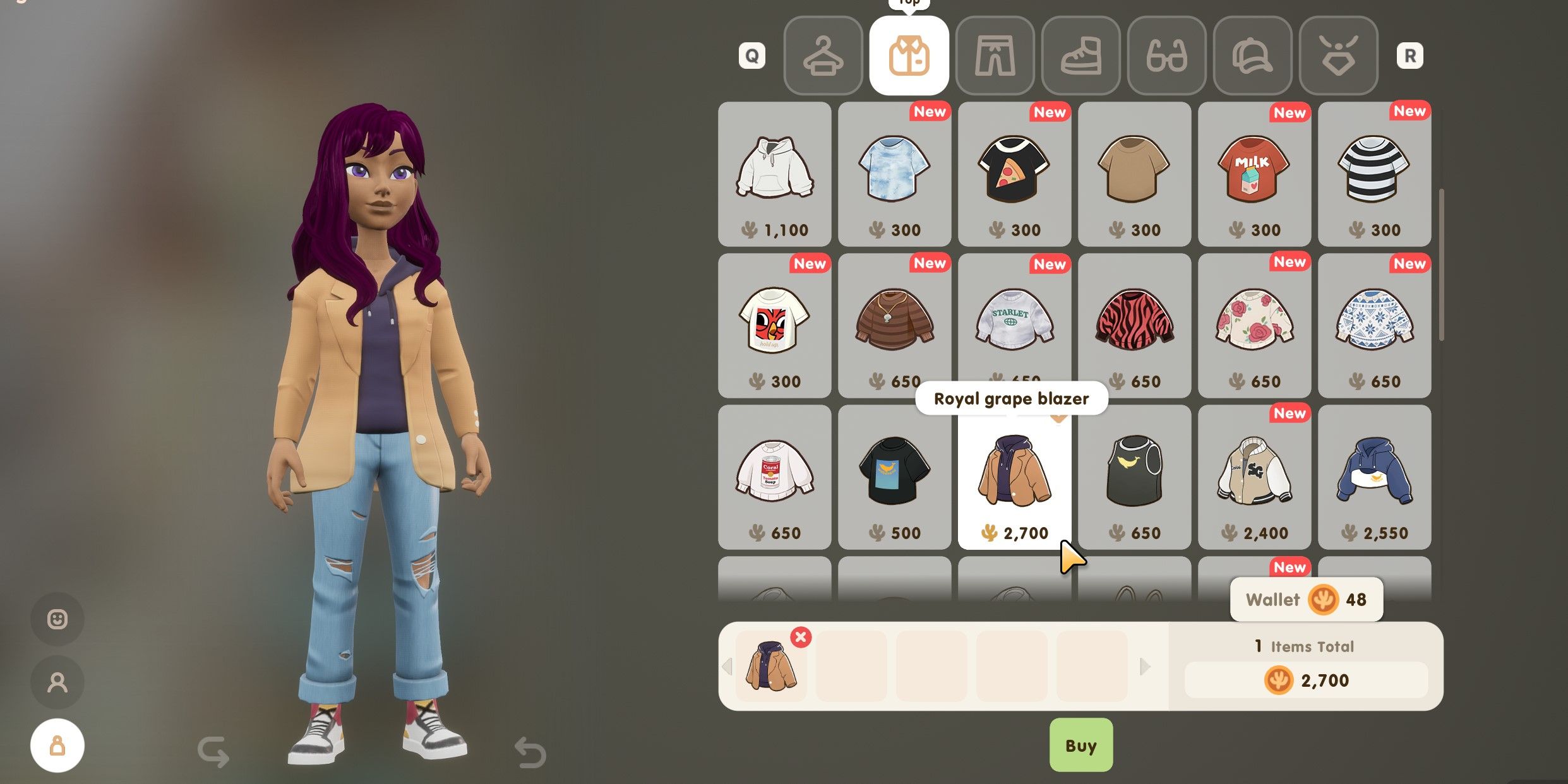 Coral Island: An image of the player in the Royal Grape Blazer in the shop menu at the White Flamingo