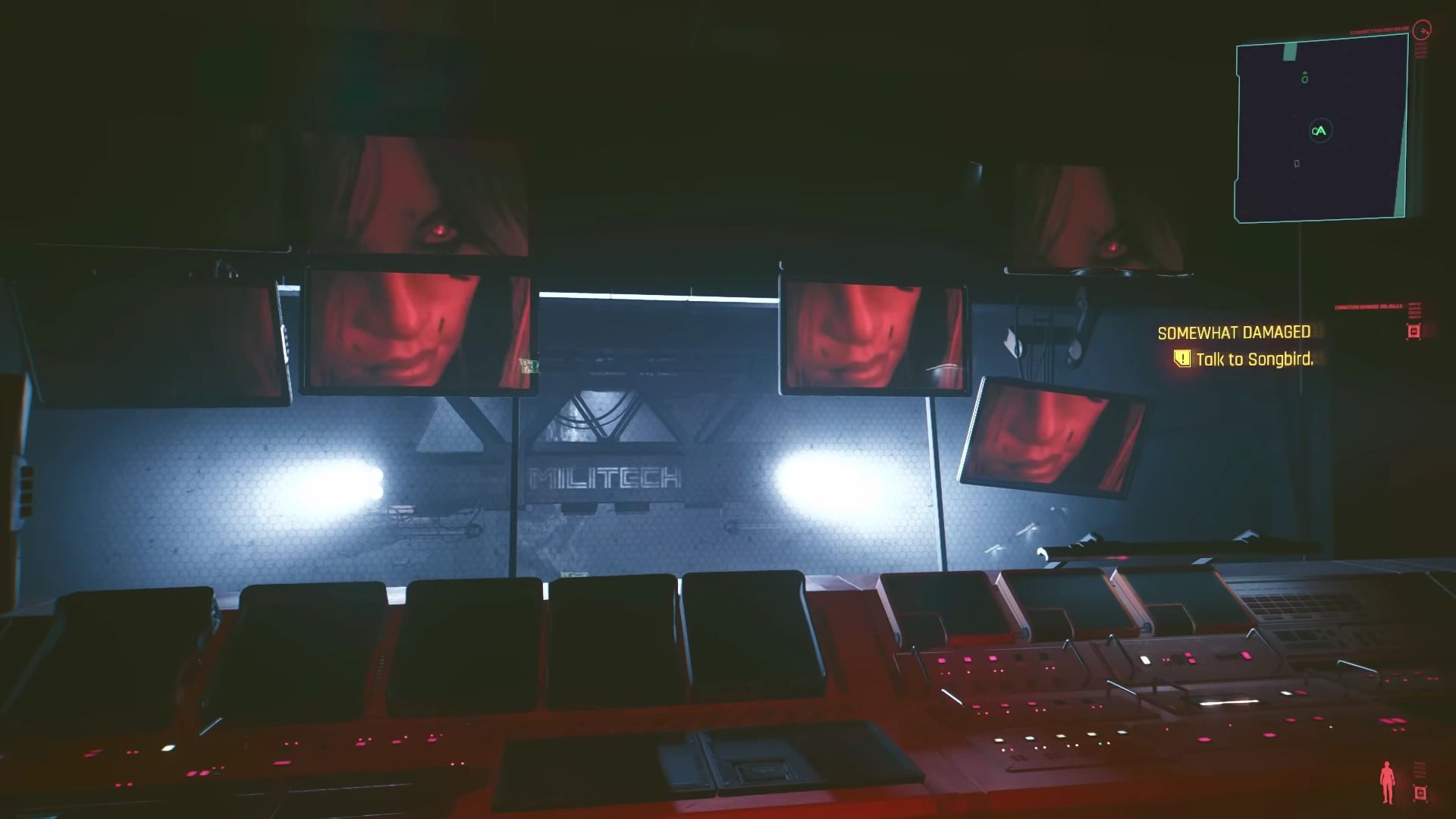 Songbir talking to V in Cynosure Facility Somewhat Damaged Cyberpunk 2077 Phantom Liberty