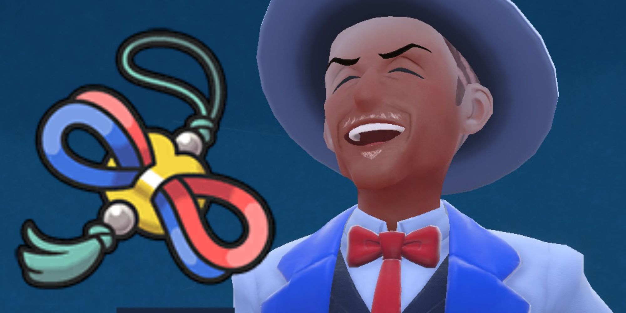 A screenshot of Cyrano next to the Mark Charm in Pokemon Scarlet & Violet.