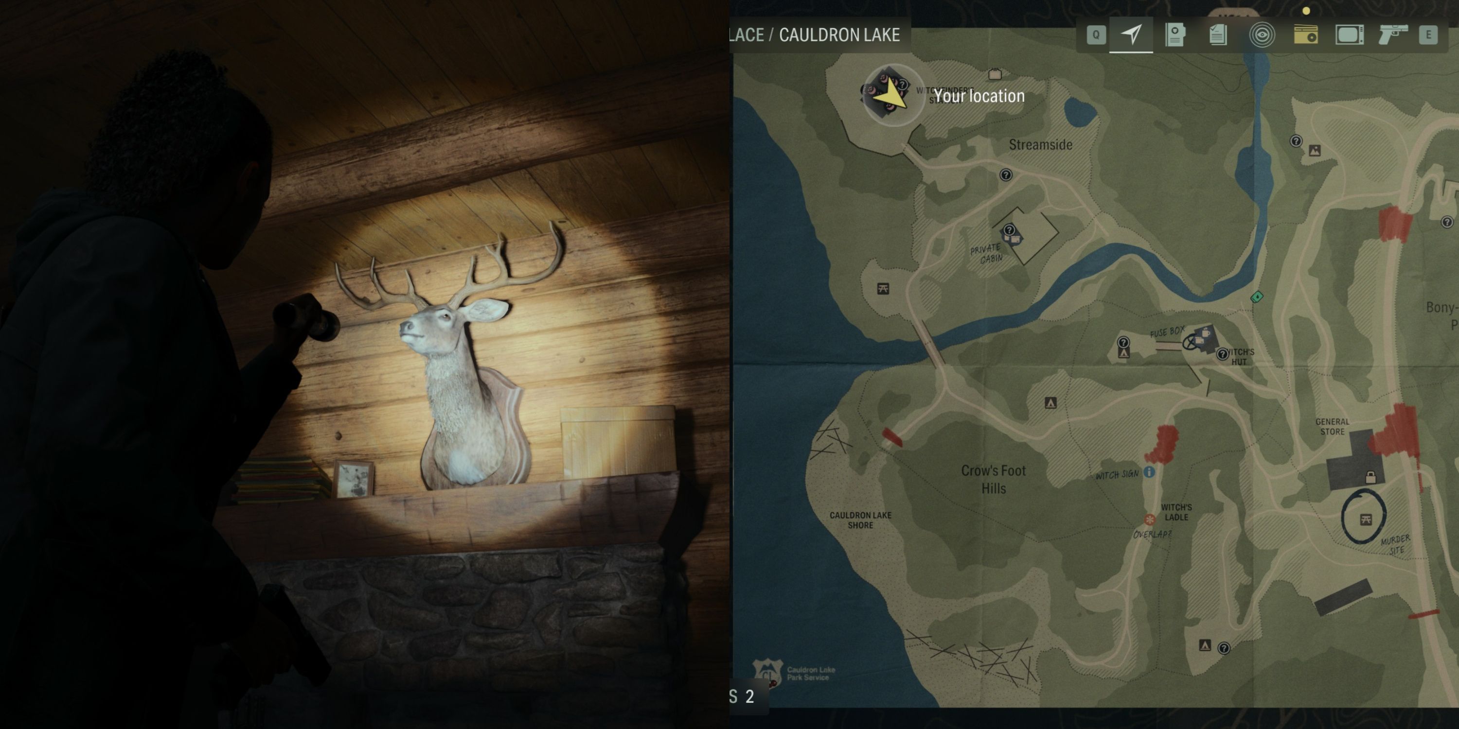 Deer Head At Witchfinder Station / Its location on the Cauldron Lake Map