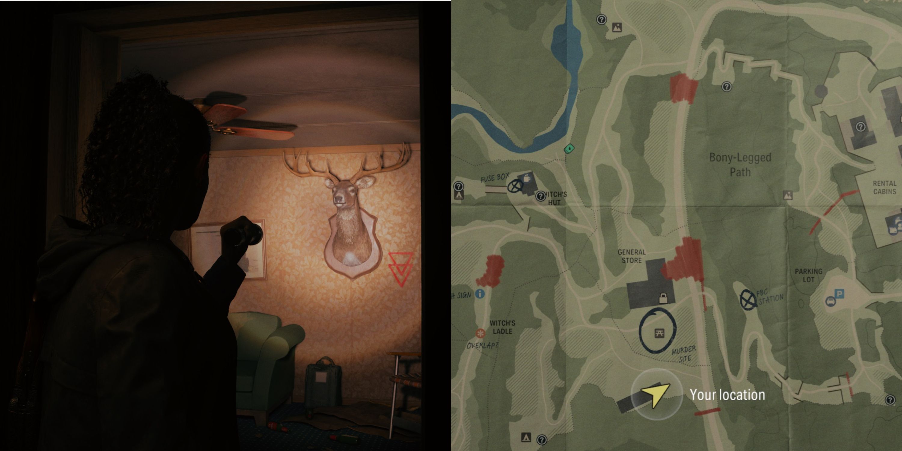 A deer head on the wall, next to is a cult symbol (left), a map of Cauldron Lake showing the deer head's location (right)
