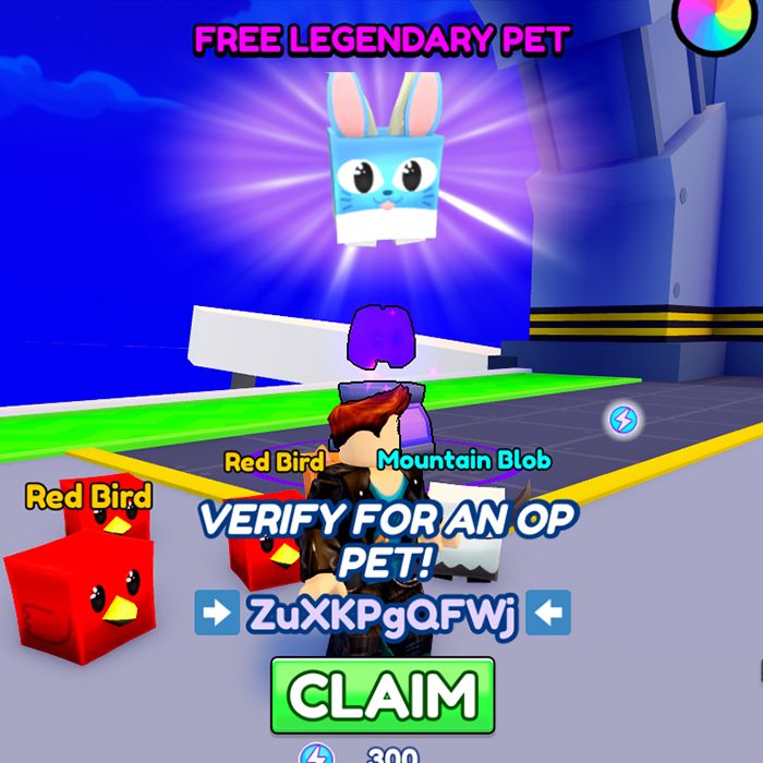 A happy bunny hovers above a Discord symbol in the Roblox game Ride A Cart SImulator.