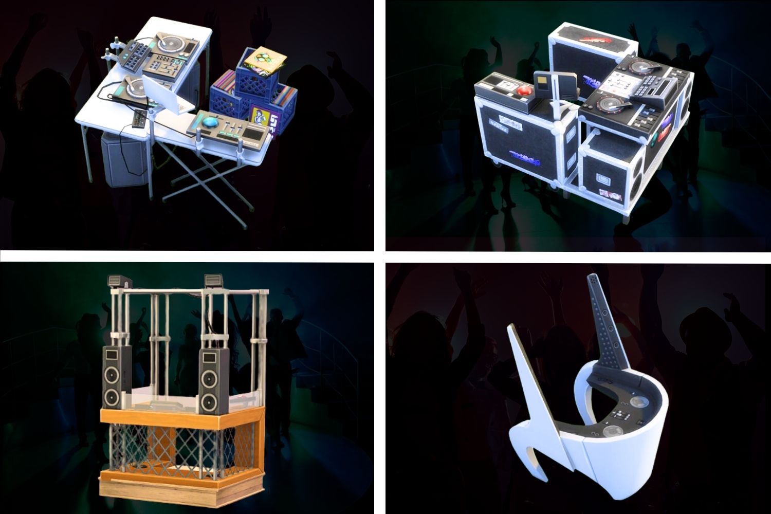 In four quadrants, four different DJ booths from the Sims 4 are displayed.