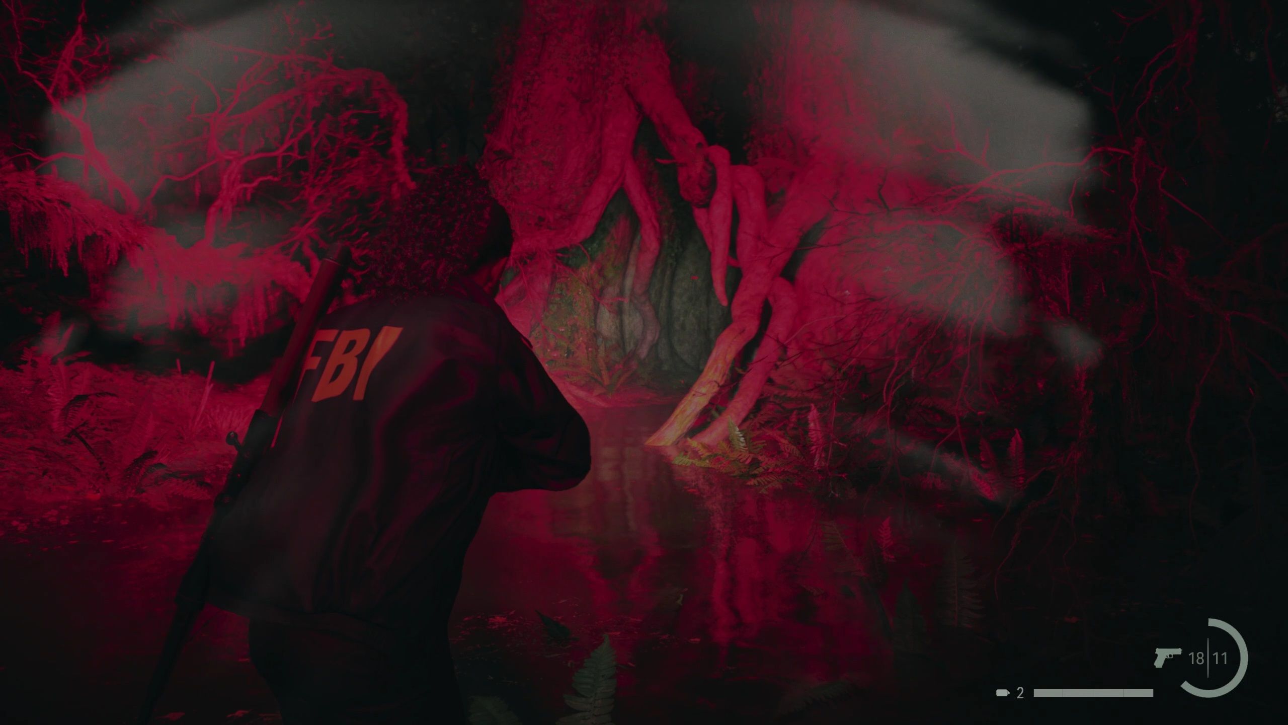 Saga looks at the entrance to the Overlap, which is bathed in red light