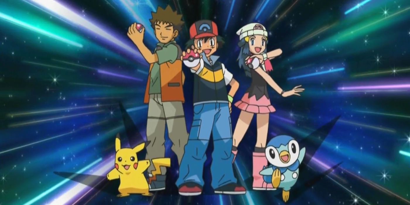 Image of Ash, Dawn, Brock, Pikachu, and Piplup Posing