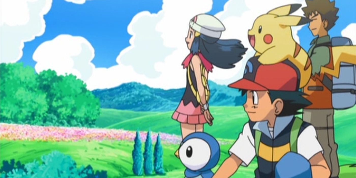 Image of Ash, Dawn, Brock, Pikachu, and Piplup Looking Over Hillside