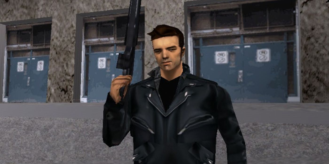 Image of Claude Speed Standing in Front of Warehouse Holding Machine Gun