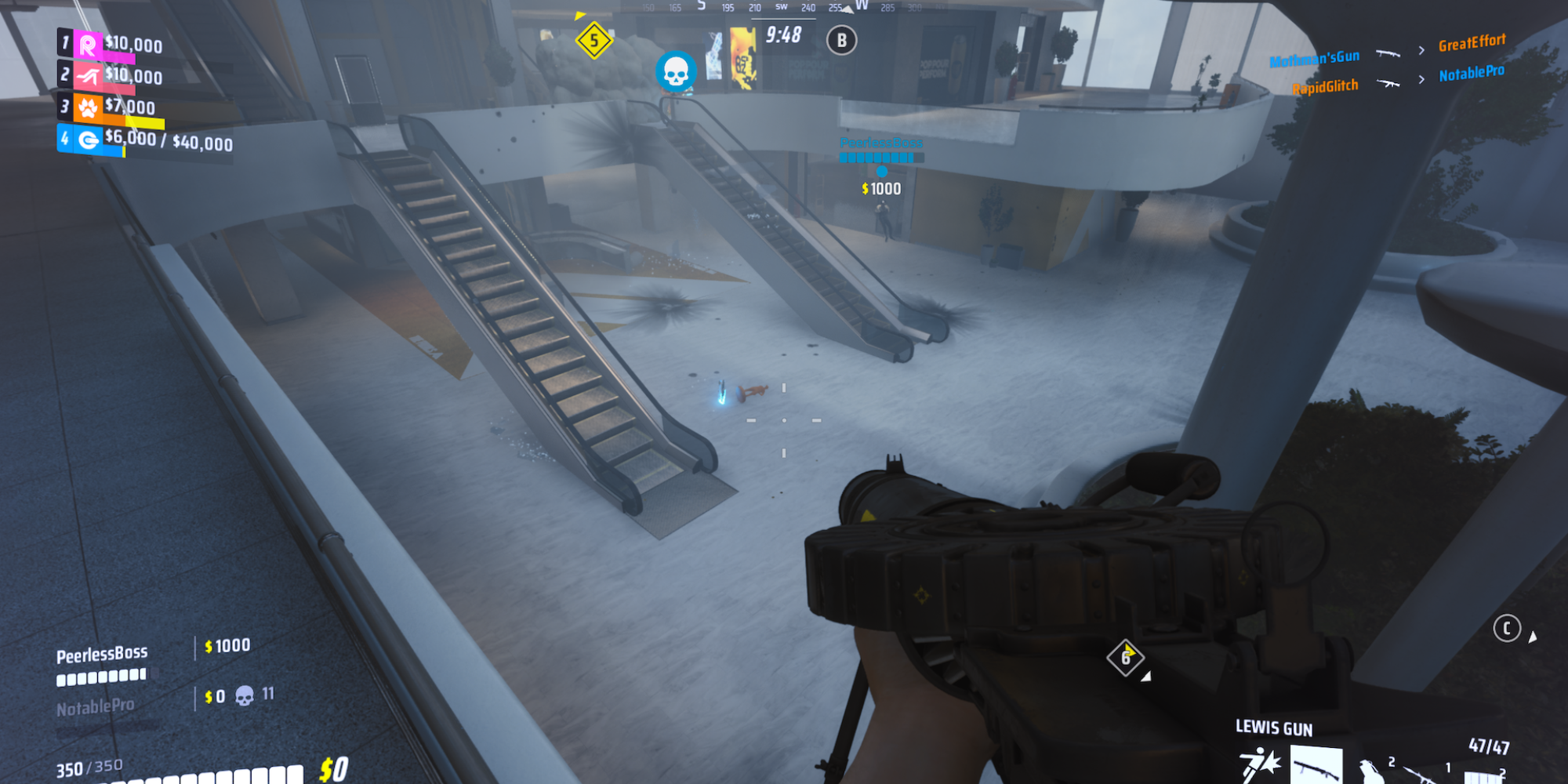 the finals character looking down at area with coins and dead player token