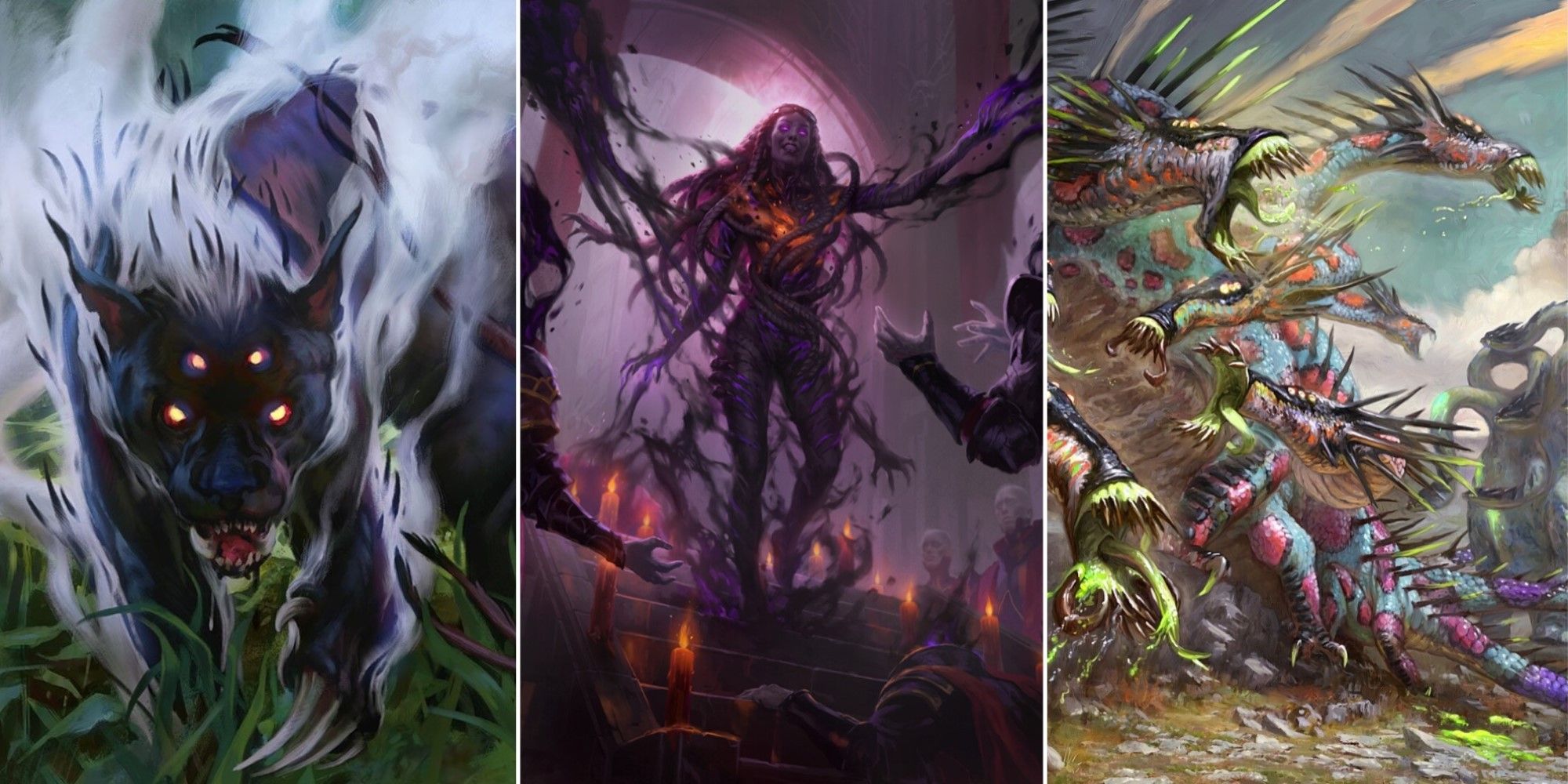 Artwork from three different legendary Nightmare cards from Magic: The Gathering
