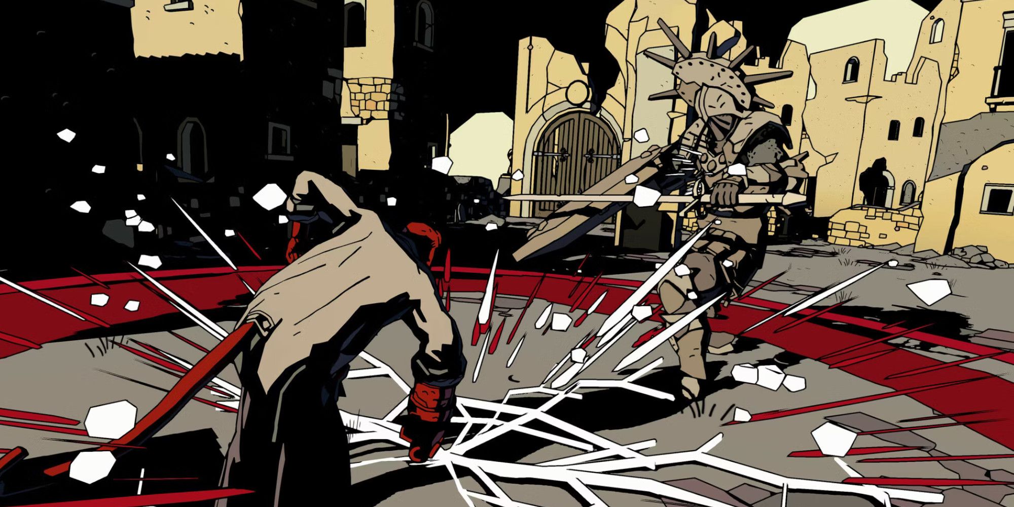 Hellboy slamming his fist on the ground in front of an enemy in Hellboy: Web of Wyrd.