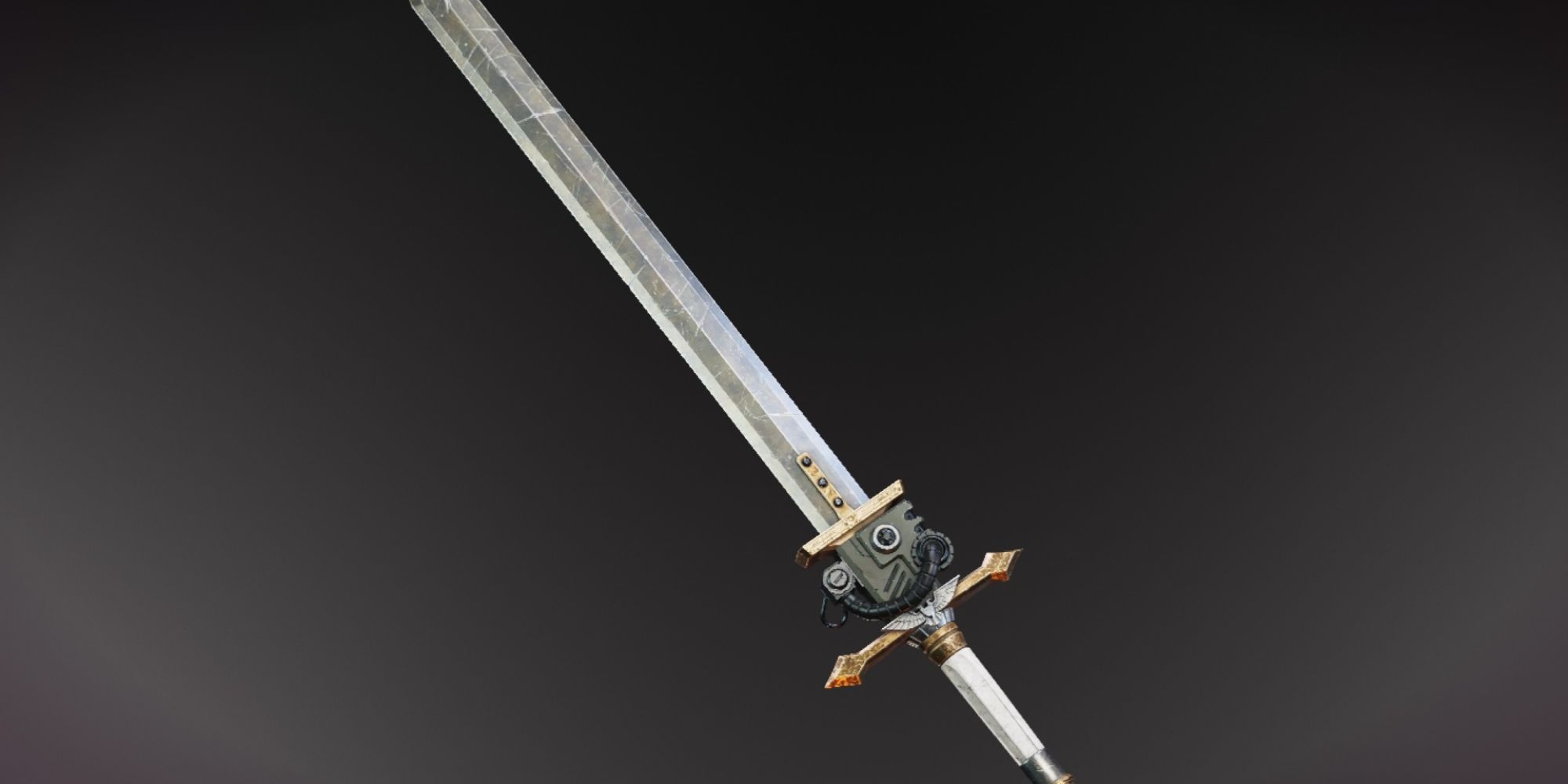 darktide sword with gold and marble and high-tech wires coming off of it