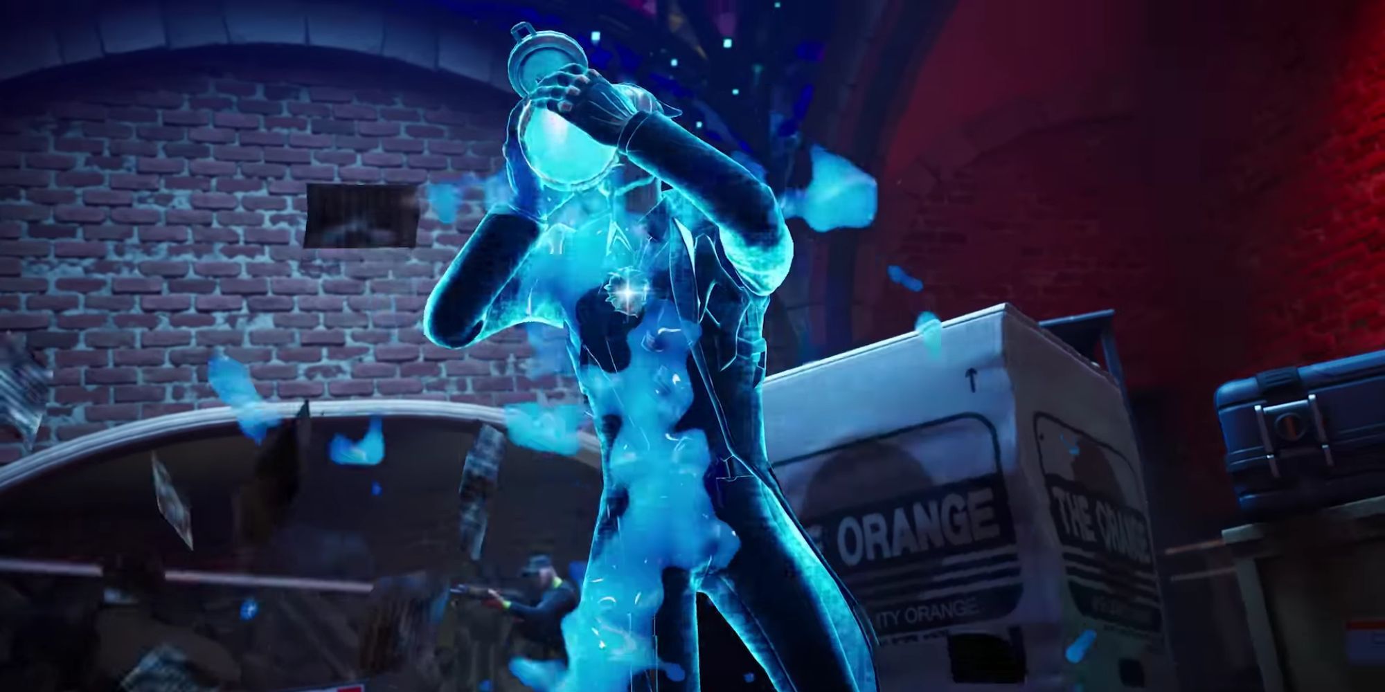 Someone in Fortnite moving while drinking a Shield Potion.