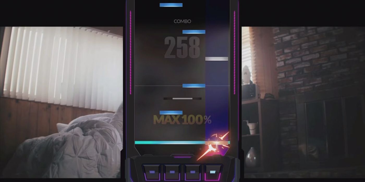 Blue and white notes descend a track while a music video plays in the background in DJ Max Respect V.