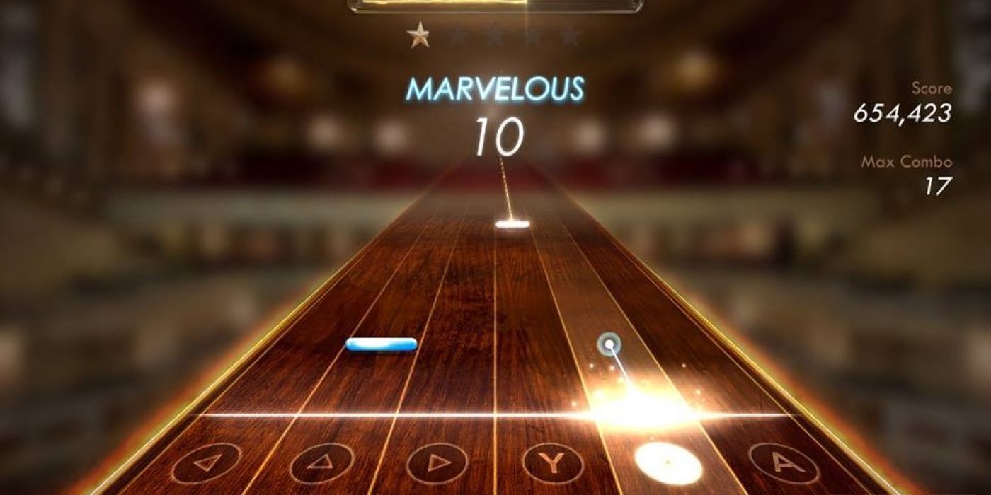 Notes glide down the hardwood surface of a piano in the rhythm game Pianista.