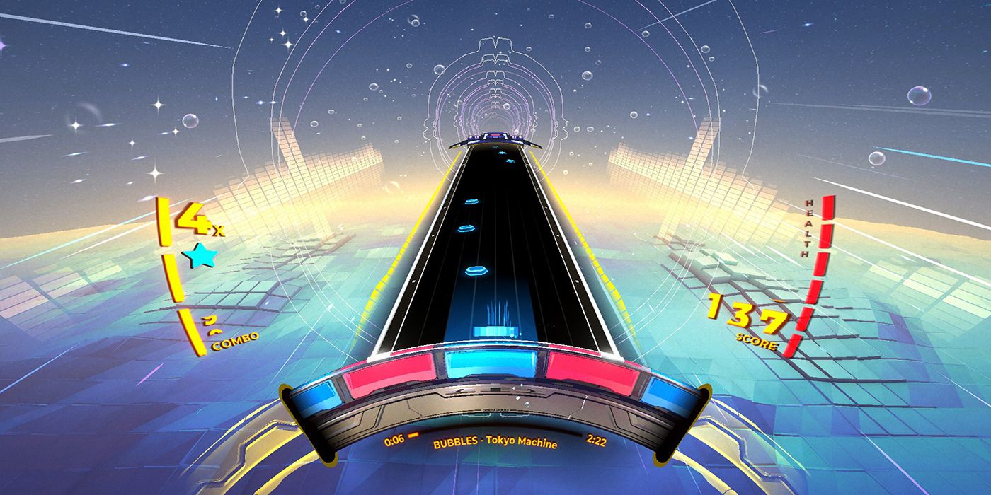 A musical wheel aligns with notes descending down a track in a gameplay session of Spin Rhythm XD.