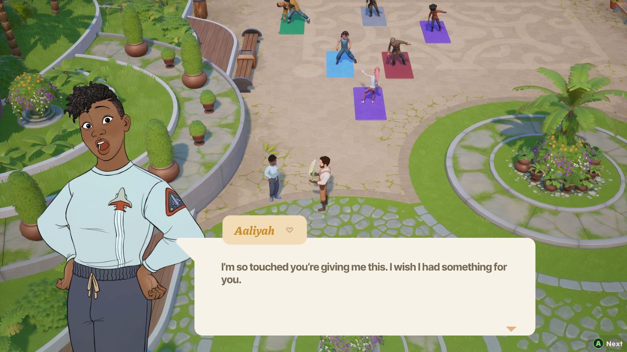 Giving Aaliyah a flower while she's exercising in the town square.