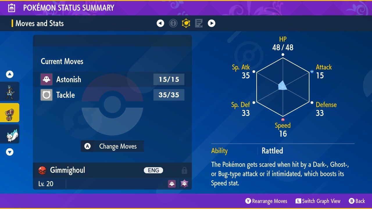 Gimmighoul stat screen when the Pokemon is the Mystery Gift one from 2023 for Pokemon Scarlet and Violet.