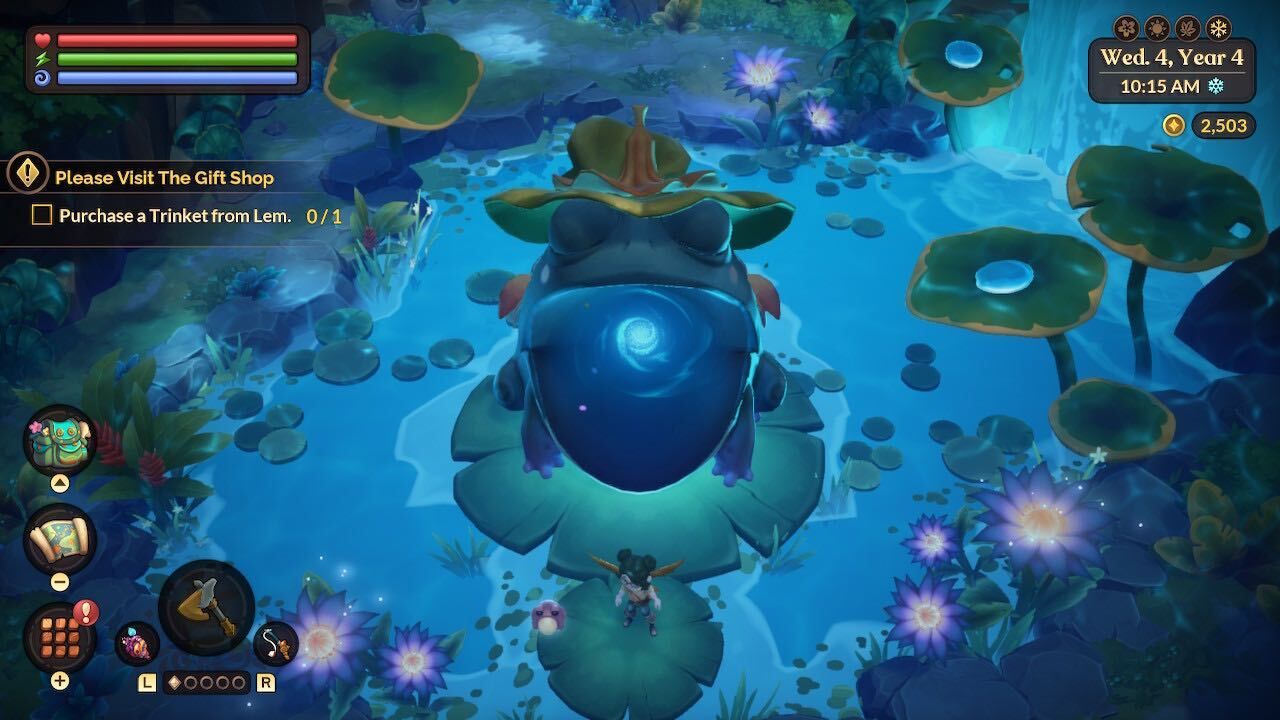 grenu's mouth open in the pond at archipaligo park fae farm coasts of croakia dlc