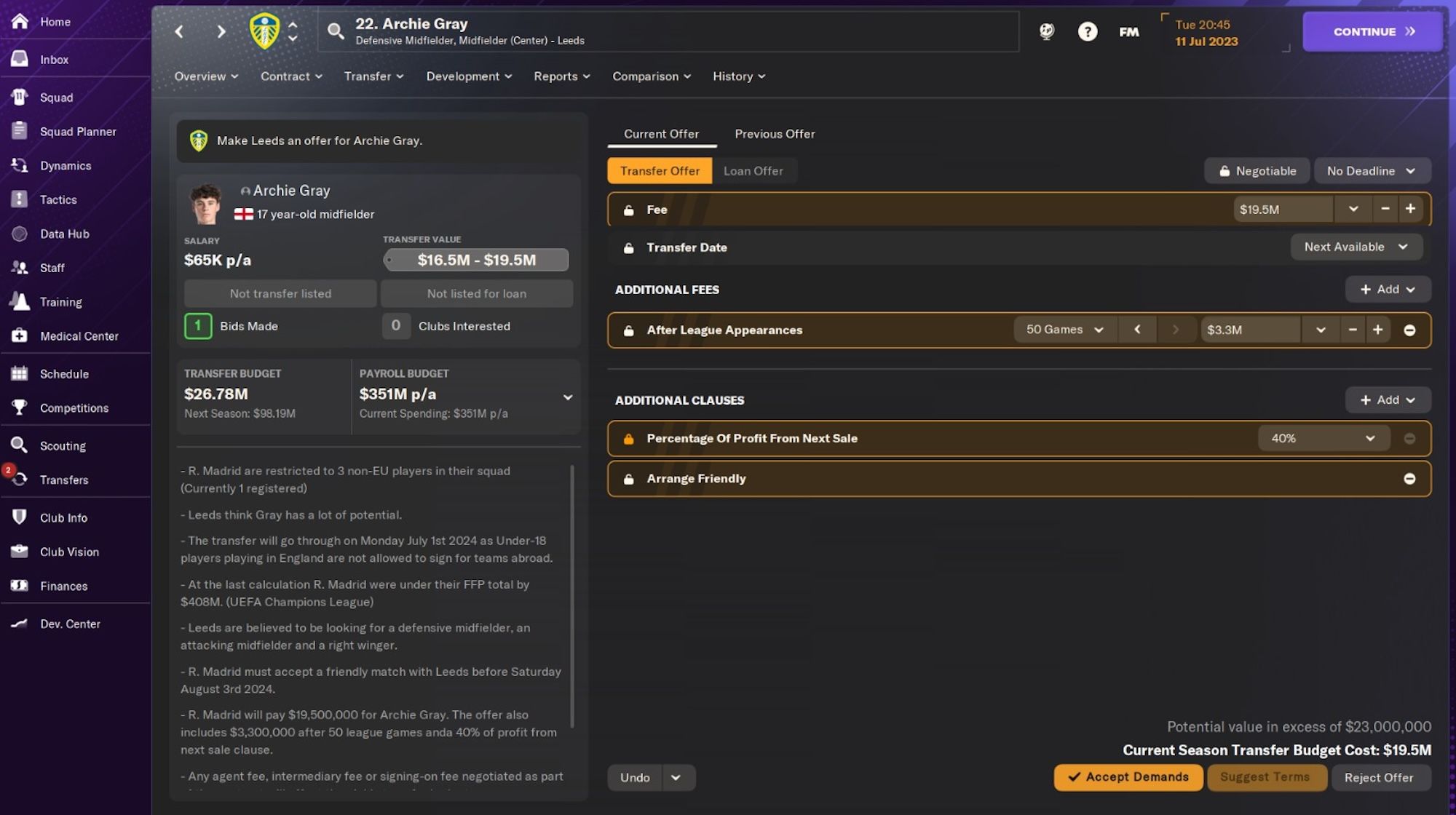 Transfer offer screen for Archie Gray in Football Manager 2024