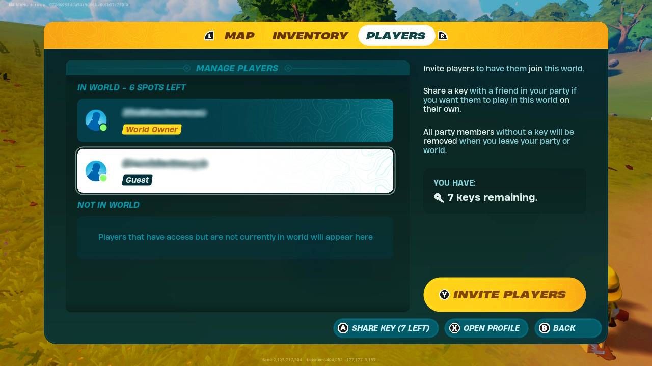 Players tab in the Lego Fortnite menu where you can see who is currently in the world with you.