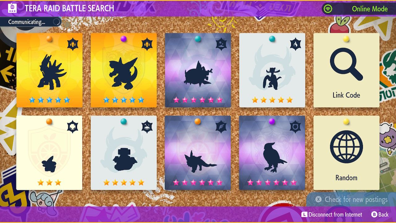 A screenshot of the Tera Raid board in Pokemon Scarlet and Violet, showing Dialga and Pallkia in the upper left