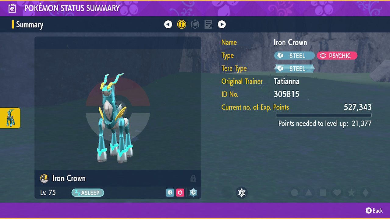 Iron Crown's Status Summary Page in Pokemon Violet