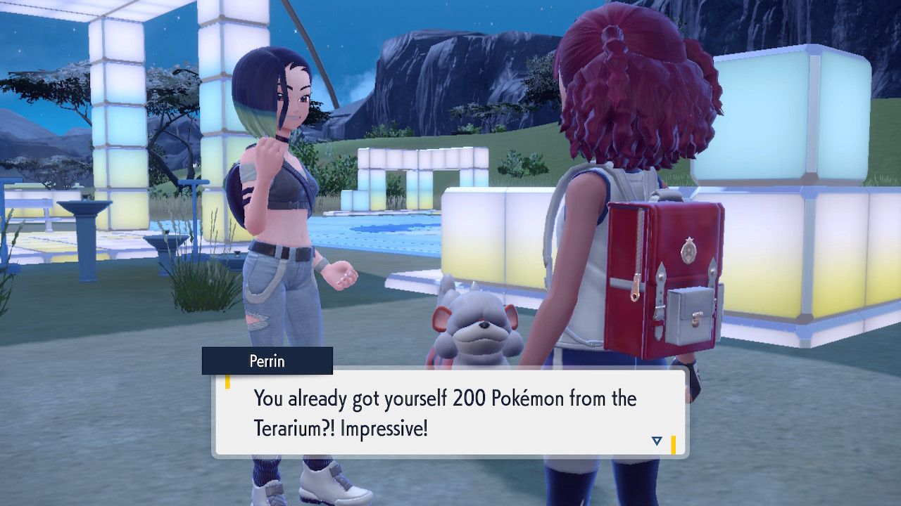 Perrin in Pokemon Violet saying "you already got yourself 200 Pokemon from the Terarium?! Impressive!"