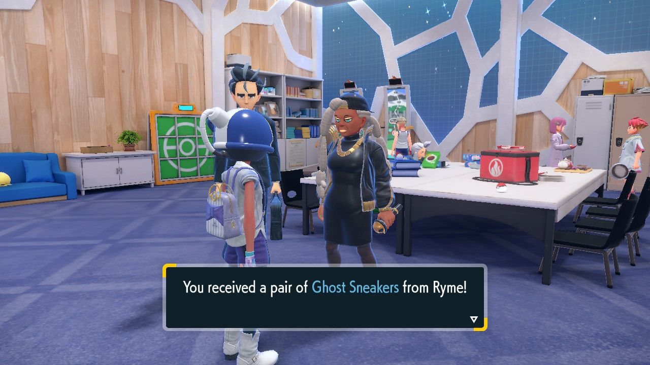 A screenshot of the League Club room in Pokemon Violet. A text box says "You received a pair of Ghost Sneakers from Ryme"