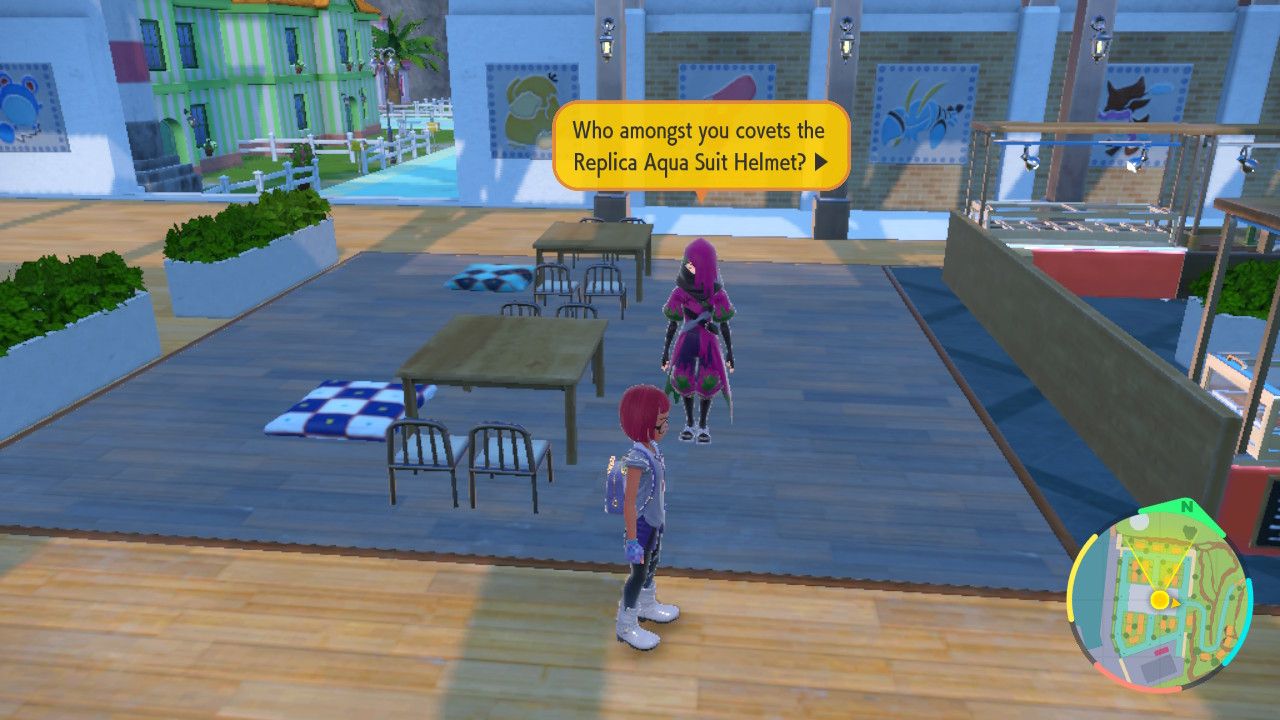 A screenshot of Pokemon Violet showing Atticus offering the Replica Aqua Suit Helmet