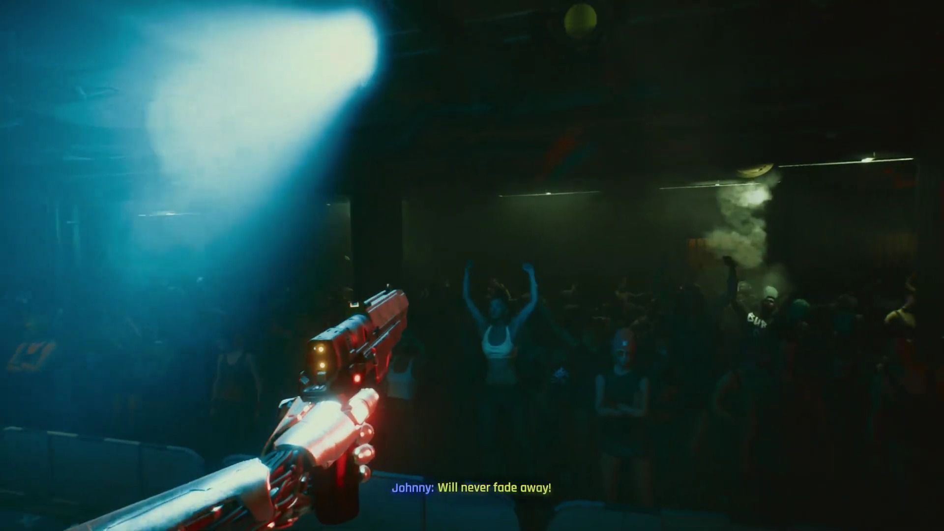Johnny aiming his gun at the crowd in Never Fade Away Quest Cyberpunk 2077