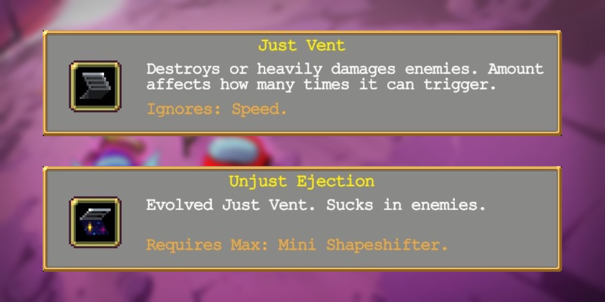 Info on the Just Vent and Unjust Ejection weapons from Vampire Survivors: Emergency Meeting