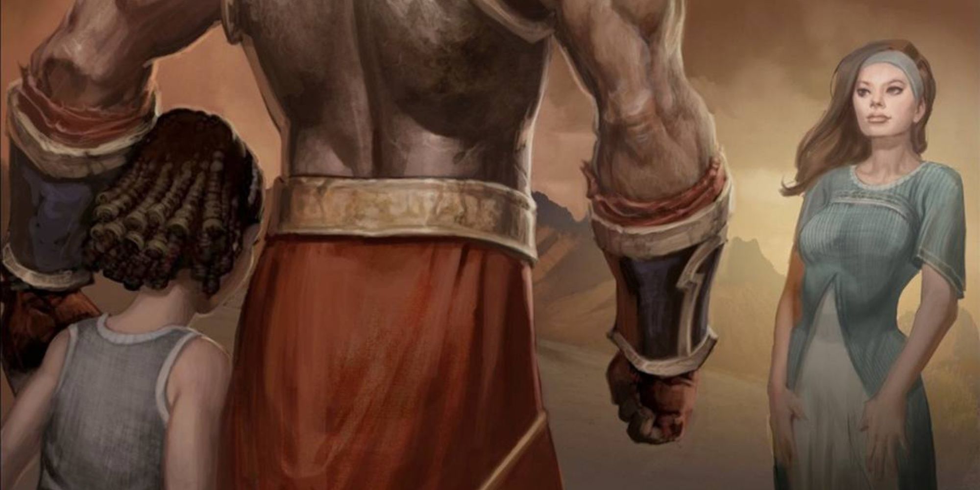 Kratos, Calliope, and Lysandra, from God of War