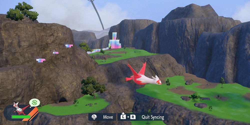 Latias flying high above the Canyon Biome while using the Synchro Machine