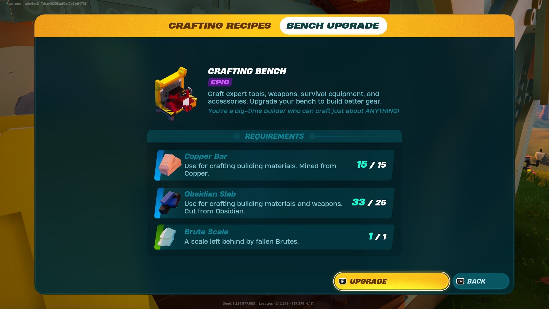 Lego Fortnite crafting bench interface showing the materials required to complete the epic rarity upgrade.