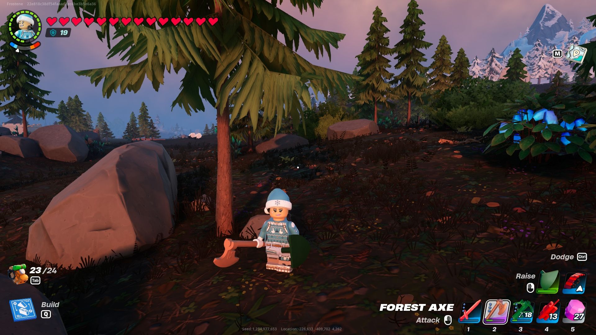 Lego Fortnite avatar near a Frostpine tree with an upgraded axe.