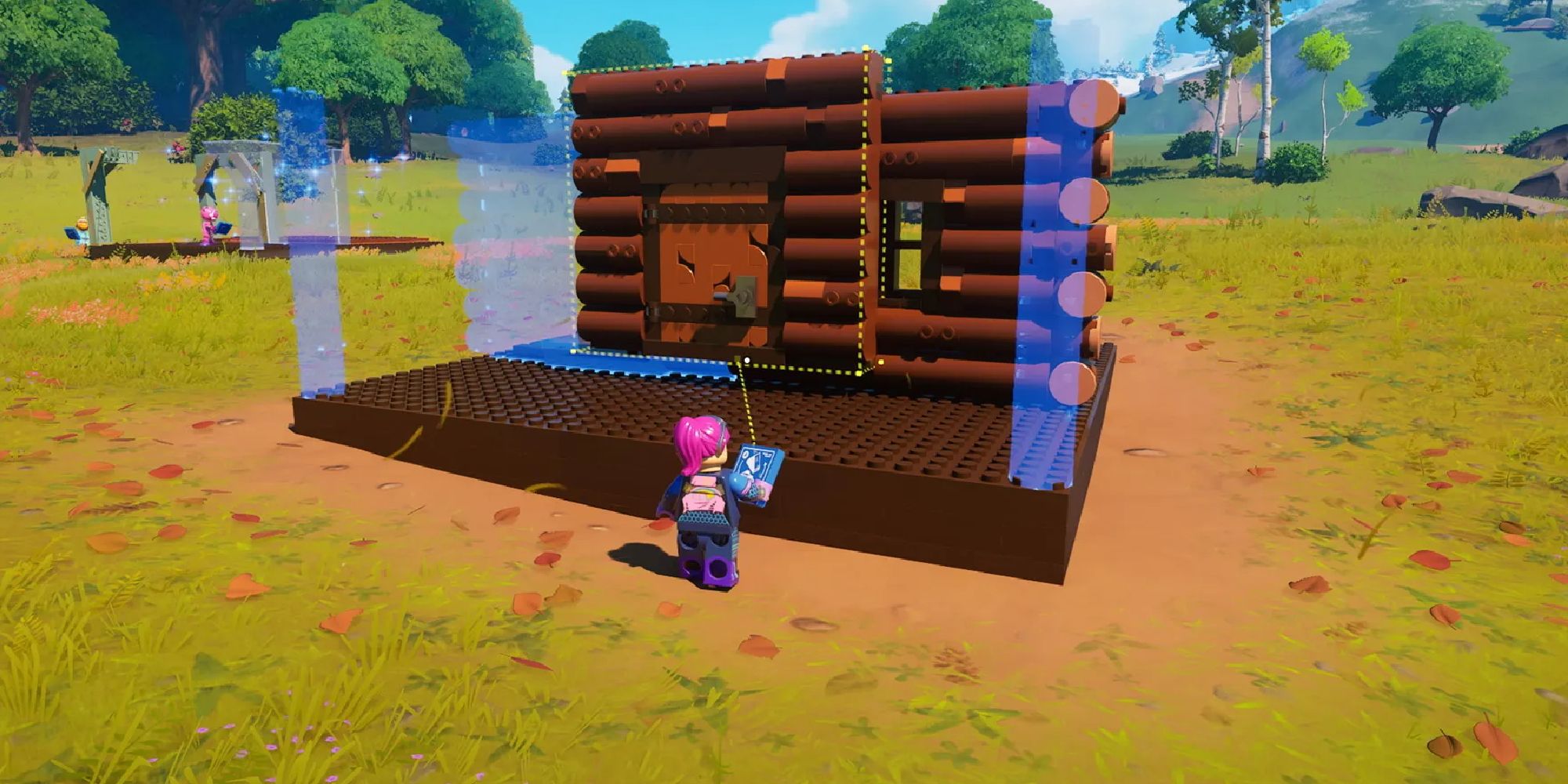 lego fortnite player making a cabin with blueprint