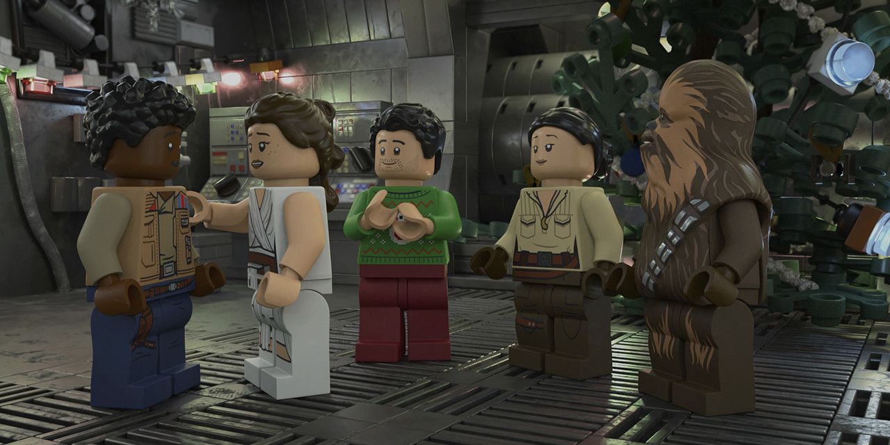 Lego versions of Finn, Rey, Poe, Rose, and Chewbacca celebrate Life Day together